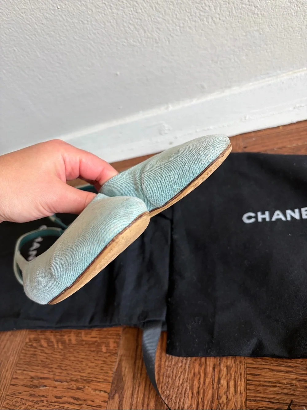 Chanel denim slingback flats mules